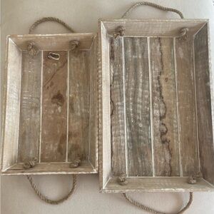 2 Solid Wood Rustic Wooden Tray Set With Rope Handles Beach Decor Farmhouse Boho